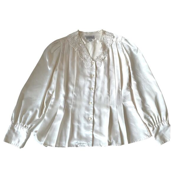 Vintage 1980s Satin Blouse Lace Floral Collar Button Down Made in Korea White 10 - Picture 1 of 11